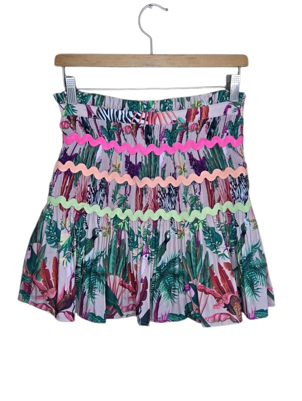 Entro Tropical Floral Print Skirt with Bright Wavy Rik Rak Trim Size Small NEW